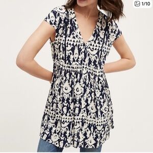Anthropologie Vanessa Virginia baby doll top black white ikat boho small
